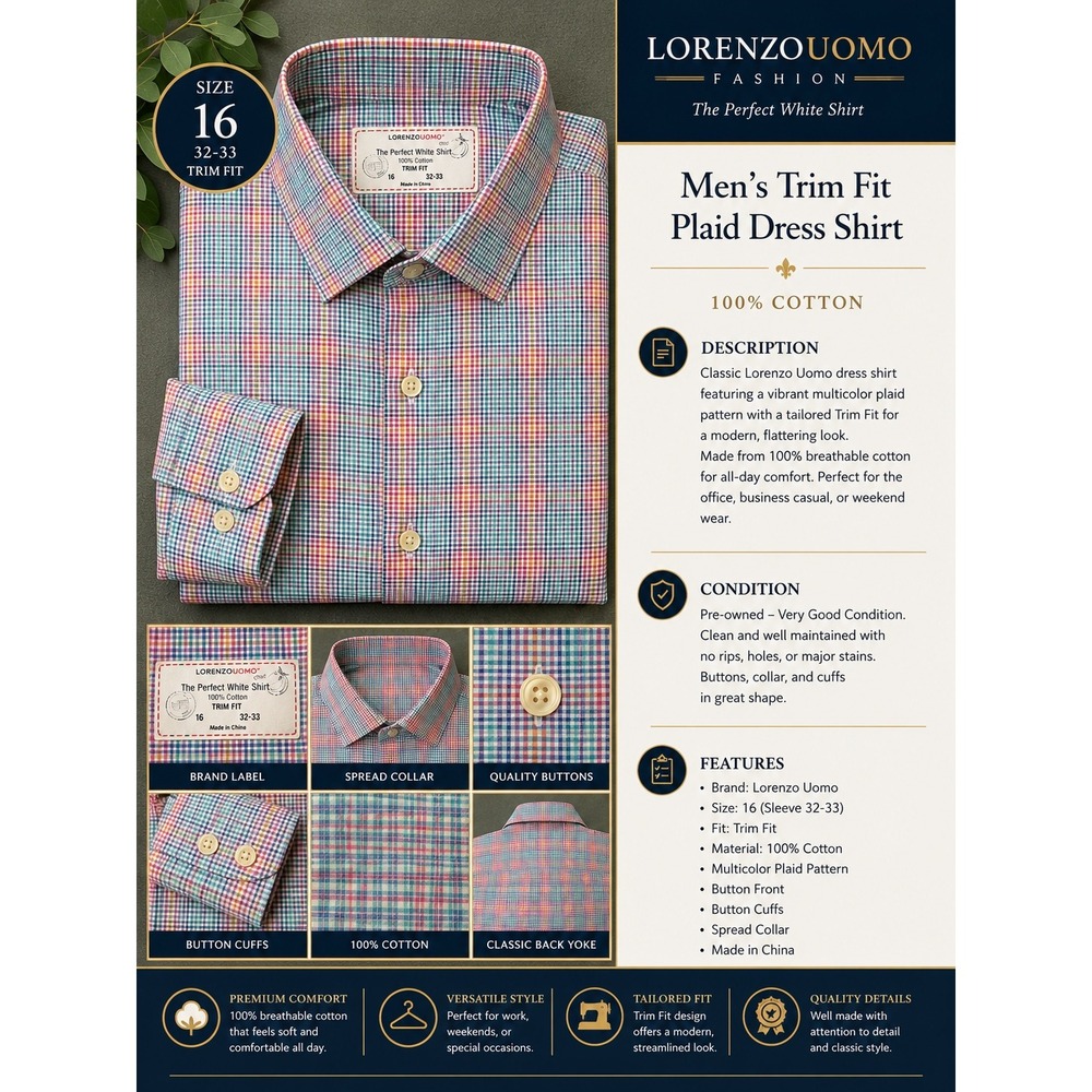 Lorenzo Uomo Men's 16 32-33 Trim Fit Multicolor Plaid 100% Cotton Dress Shirt